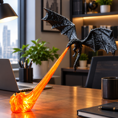 Fire-breathing dragon night light on an office desk next to a laptop