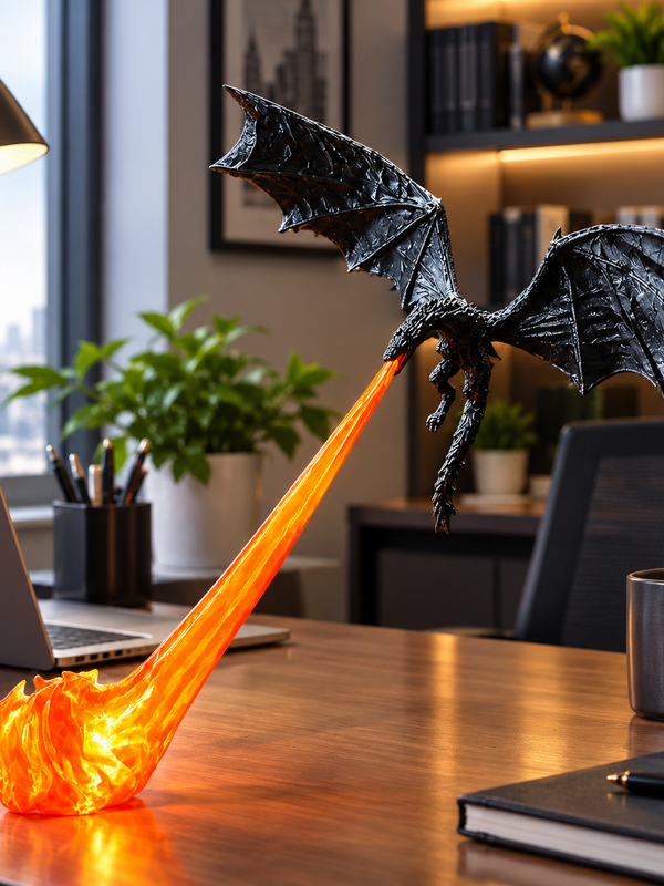 Fire-breathing dragon night light on an office desk next to a laptop