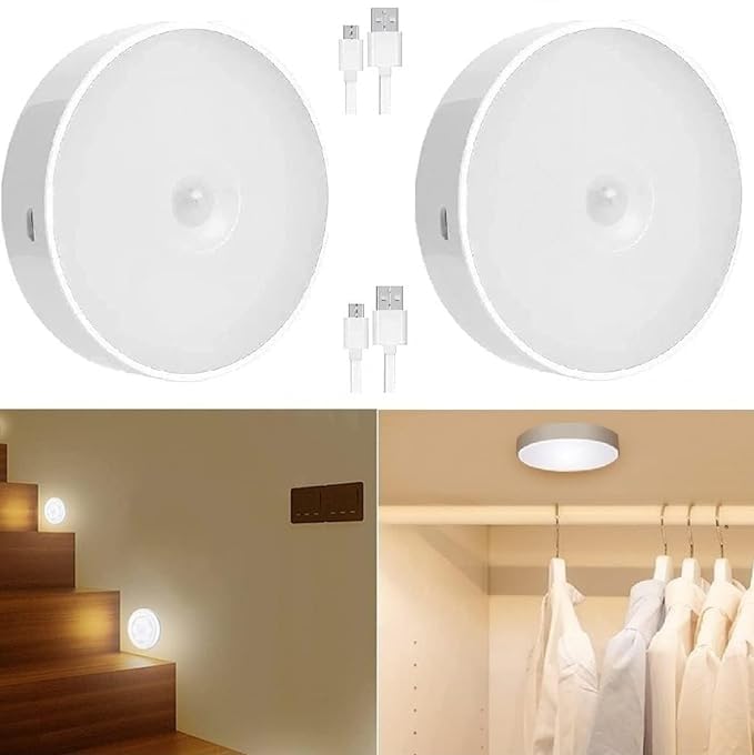 Round Shape Motion Sensor LED Lights |USB Charging | Battery Rechargeable | Wireless Magnetic Self-Adhesive | For Wardrobe,Cabinet,Cupboard,kitchen, Bedroom,Stairs |