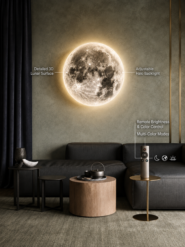 3D Moon LED Wall Lamp Modern Art Deco Lighting | 3 Colour Changing Indoor Wall Mounted Celling Light Wall Sconce Moon Lights for Living Room Bedroom Hallway, Corded Electric (500 MM)