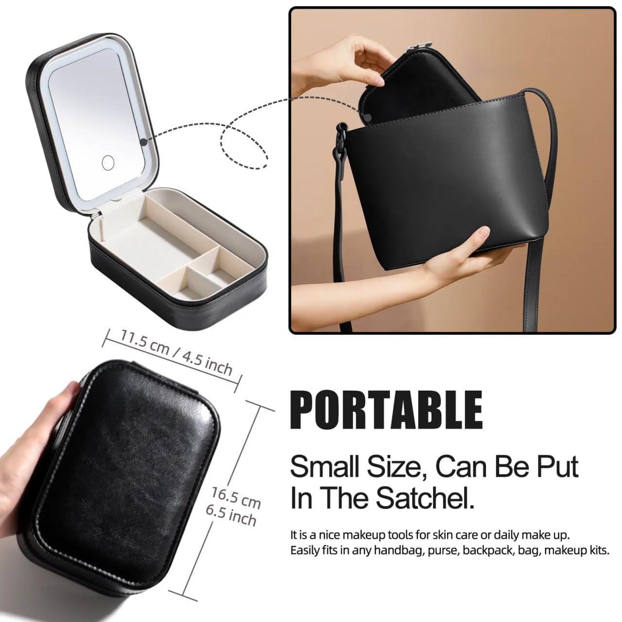 Portable LED Makeup Box / Vanity Case with Smart Mirror | Rechargeable Vanity Case with 3-Color Lighting | Portable and Compact Design with Storage |