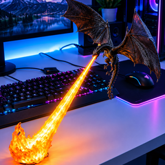 Dragon LED lamp glowing on a gaming desk beside a keyboard and mouse