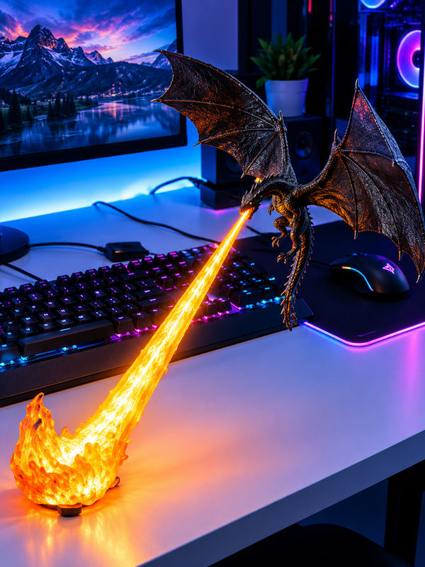 Dragon LED lamp glowing on a gaming desk beside a keyboard and mouse