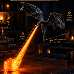 Fire-breathing dragon LED lamp with size labels: 26 cm wingspan, 20 cm height, 27 cm length, 25 cm flame