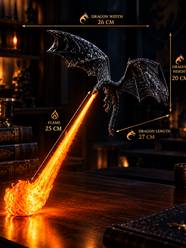 Fire-breathing dragon LED lamp with size labels: 26 cm wingspan, 20 cm height, 27 cm length, 25 cm flame