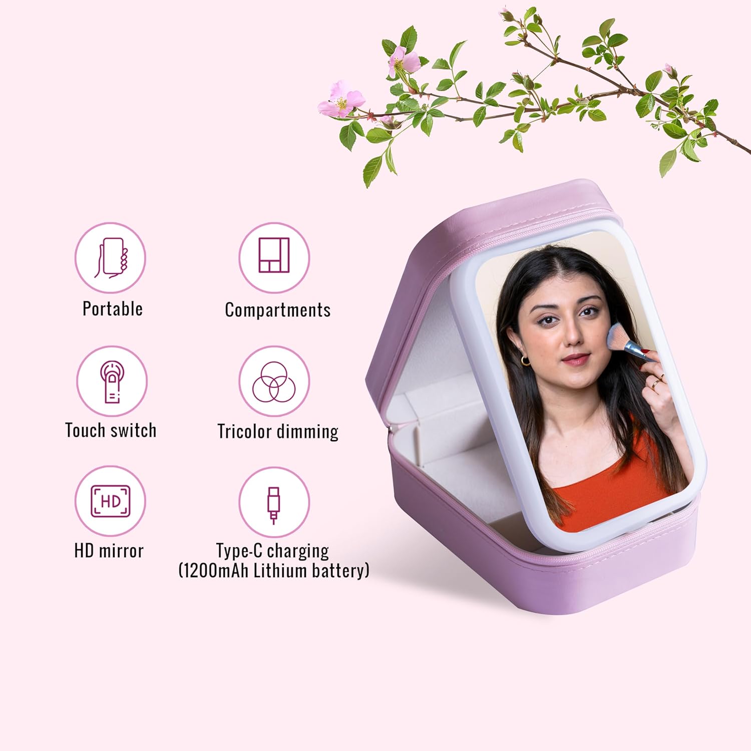 Portable LED Makeup Box / Vanity Case with Smart Mirror | Rechargeable Vanity Case with 3-Color Lighting | Portable and Compact Design with Storage |
