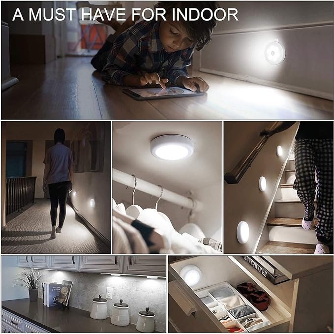 Round Shape Motion Sensor LED Lights |USB Charging | Battery Rechargeable | Wireless Magnetic Self-Adhesive | For Wardrobe,Cabinet,Cupboard,kitchen, Bedroom,Stairs |