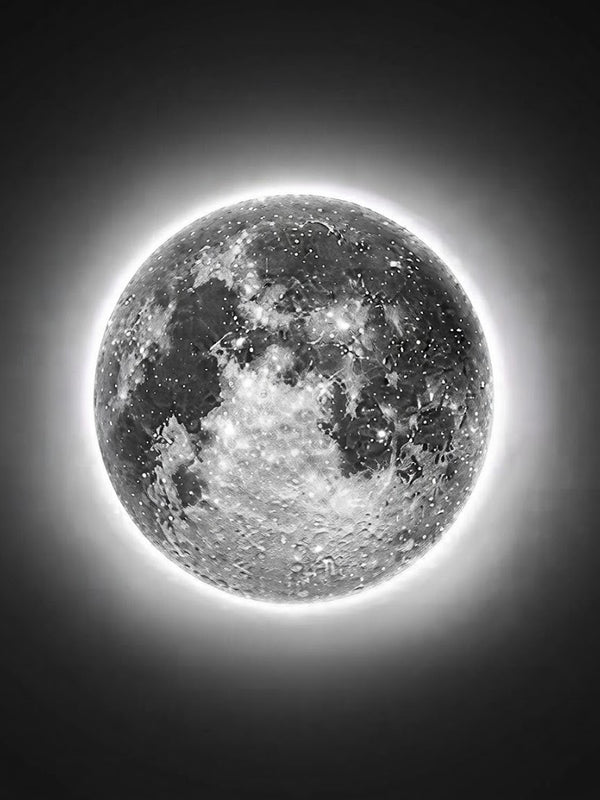 3D moon LED wall lamp in white light against a dark background