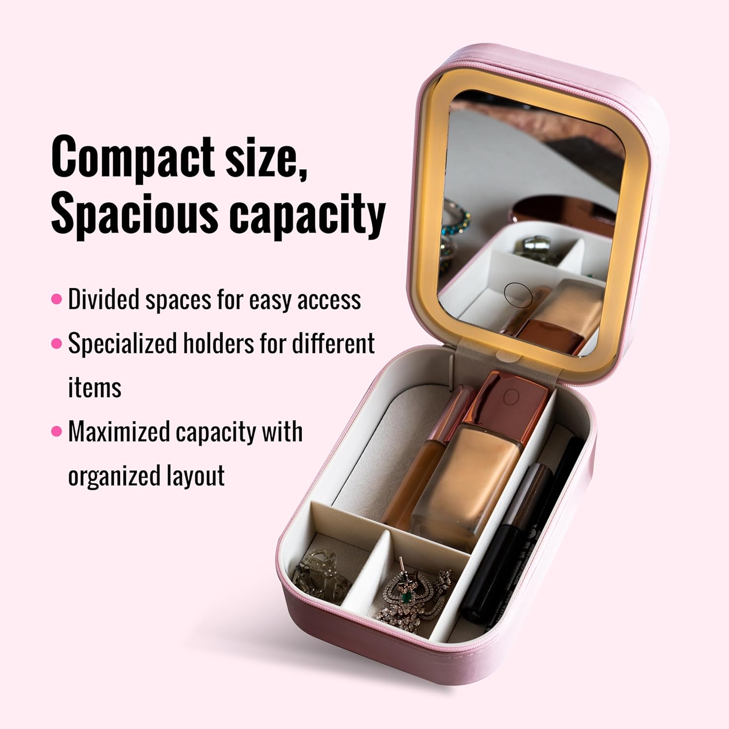 Portable LED Makeup Box / Vanity Case with Smart Mirror | Rechargeable Vanity Case with 3-Color Lighting | Portable and Compact Design with Storage |