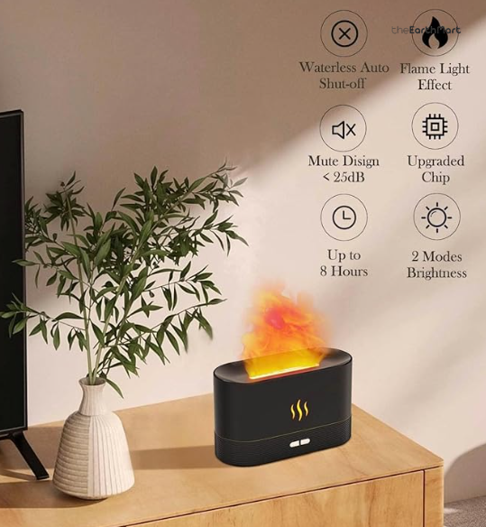 Flame effect diffuser on a sideboard, with feature icons