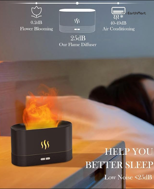 Flame effect diffuser on a bedside table at night
