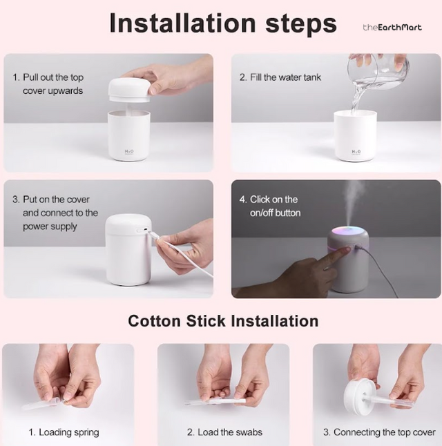 H2O mini humidifier installation steps and cotton stick fitting