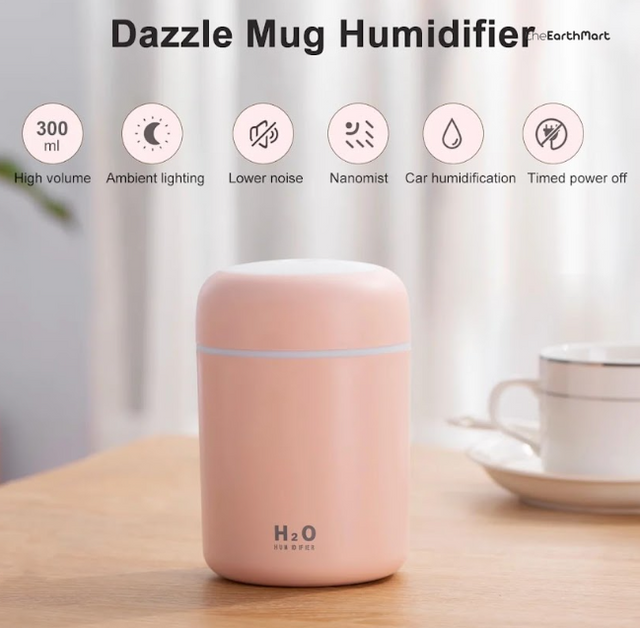 Pink mug-shaped mini humidifier with 300 ml tank