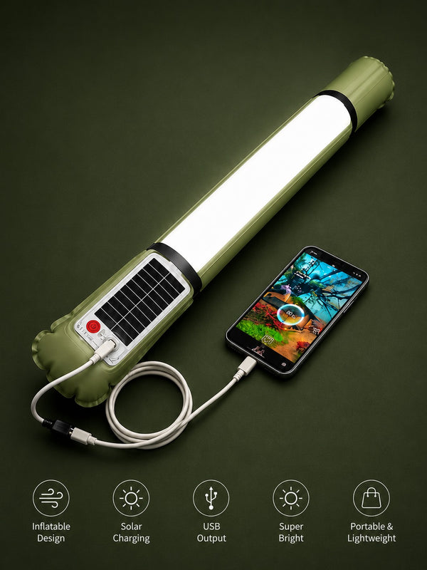 Inflatable Solar Camping Light - Portable Waterproof LED Tube Light with Solar & USB Charging, 3-Way Magnetic & Hanging Attachment for Emergency, Tent & Outdoor