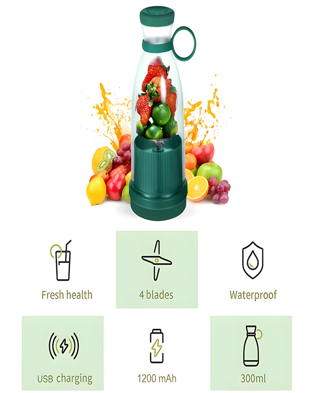 Green portable blender with fruit and features