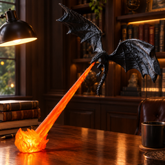 Black dragon breathing an orange LED flame on a wooden study desk