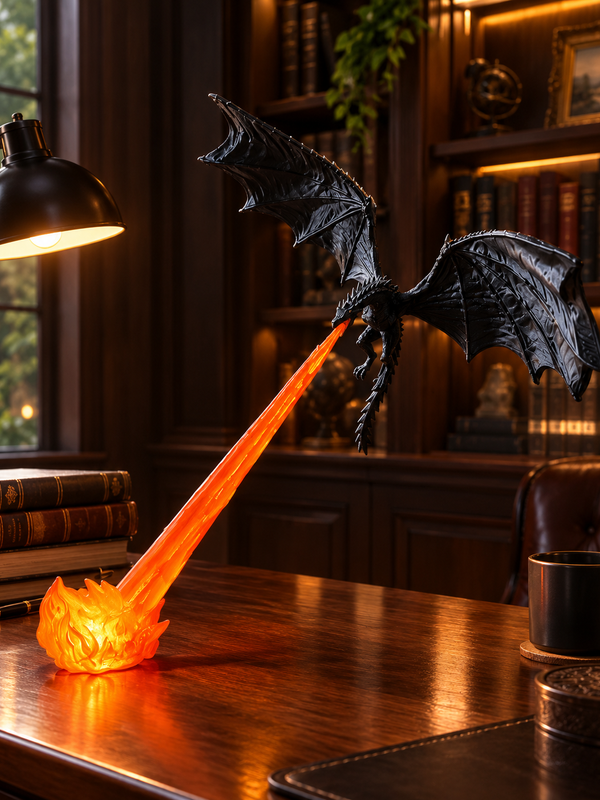 Black dragon breathing an orange LED flame on a wooden study desk