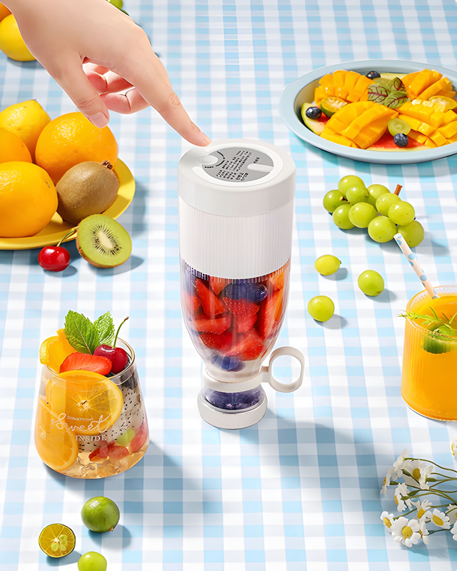 Blending fruit in the portable blender
