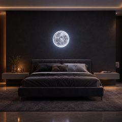 Moon wall light glowing above the bed in a dark modern bedroom