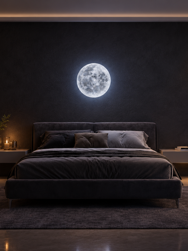 Moon wall light glowing above the bed in a dark modern bedroom