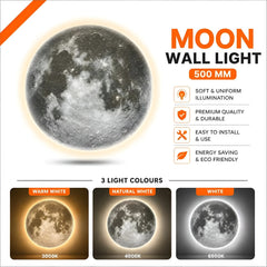 Moon wall light infographic showing warm white, natural white and white light colours