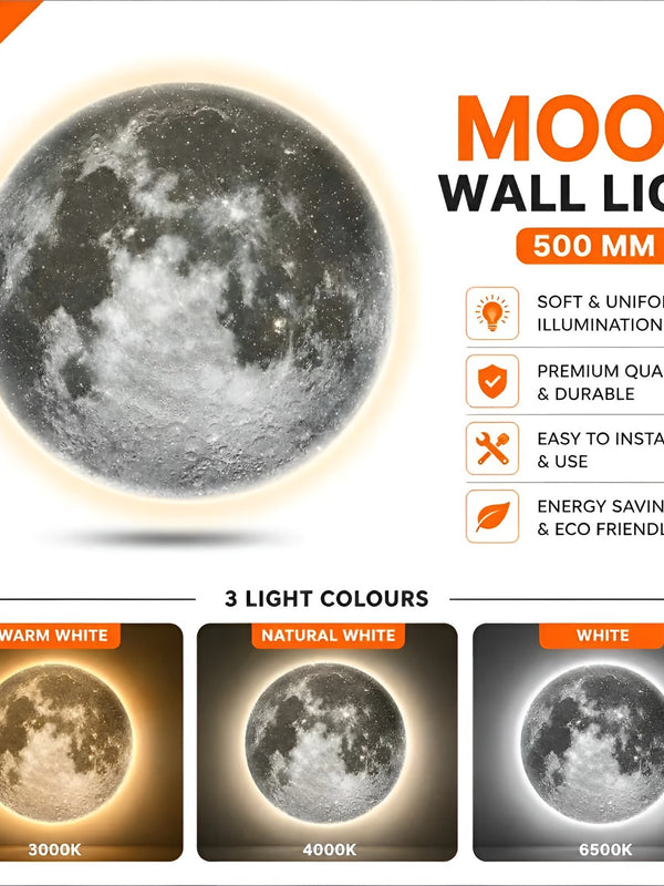 Moon wall light infographic showing warm white, natural white and white light colours