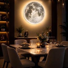 3D moon LED wall lamp glowing above a dining table in a dark modern dining room