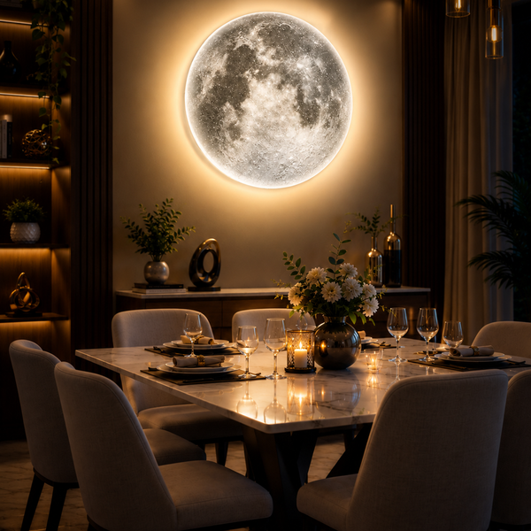 3D moon LED wall lamp glowing above a dining table in a dark modern dining room