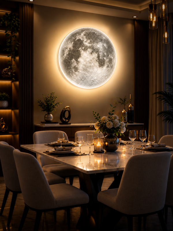 3D moon LED wall lamp glowing above a dining table in a dark modern dining room