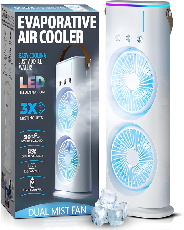 Evaporative dual-fan air cooler with its box