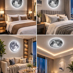 Four room setups showing the moon wall lamp in bedrooms and a living room