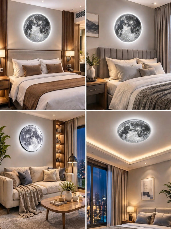 Four room setups showing the moon wall lamp in bedrooms and a living room
