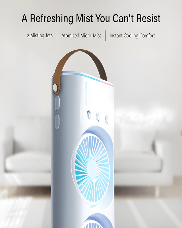 Dual-fan cooler releasing a refreshing mist