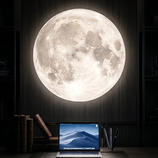 3D moon LED wall lamp glowing warm above a study desk