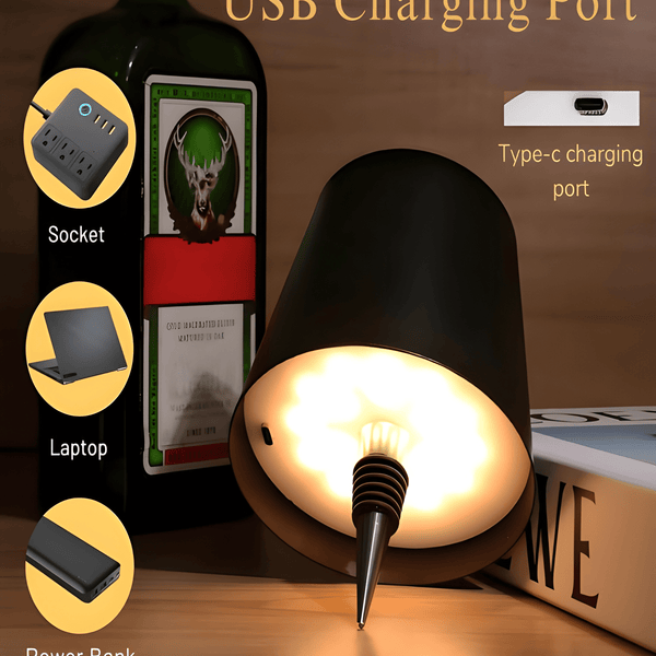 Rechargeable LED bottle lamp with its USB charging port