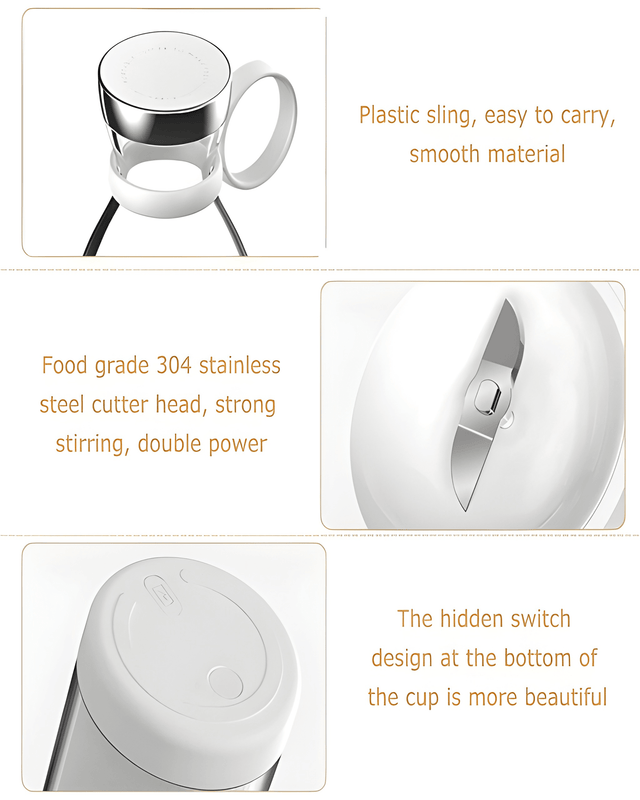 Portable blender details: steel blades and carry handle