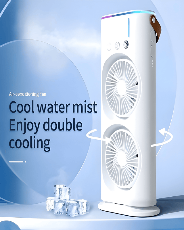Cool water mist from the dual-fan cooler with ice
