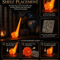 Shelf set-up guide: flame base rests flat, adhesive dots included for extra support