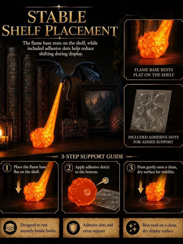 Shelf set-up guide: flame base rests flat, adhesive dots included for extra support