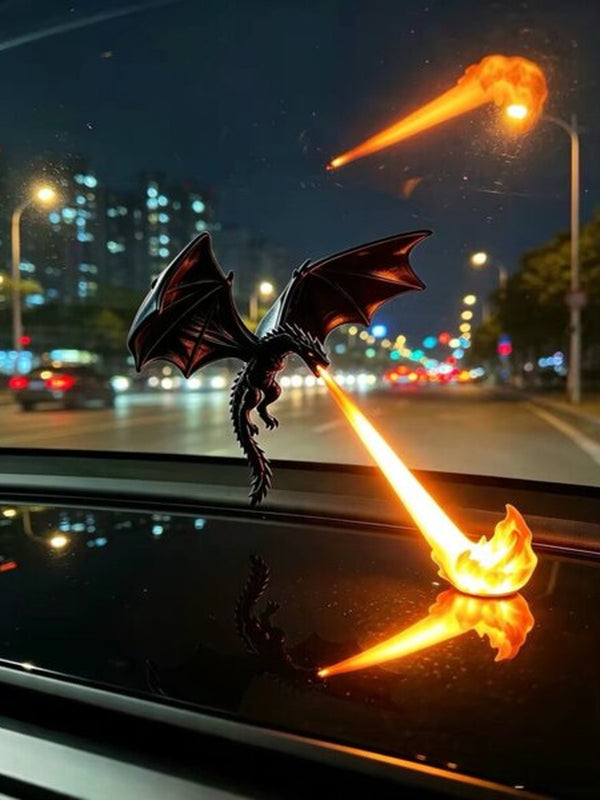 Dragon LED lamp lit up at night with city lights in the background