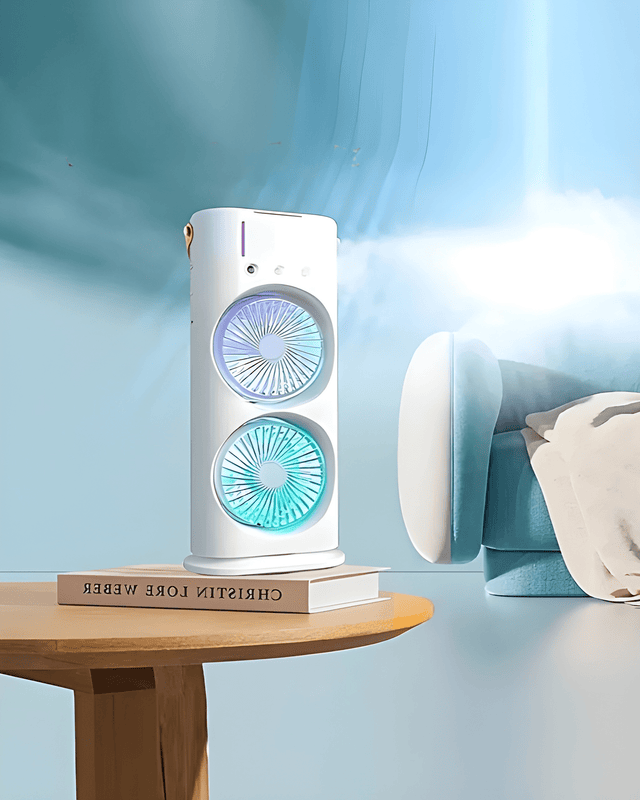 Dual-fan mini mist air cooler with RGB light on a table